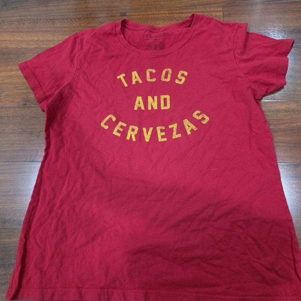 Fifth Sun Red Tee with Yellow 'TACOS AND CERVEZAS' Graphic
